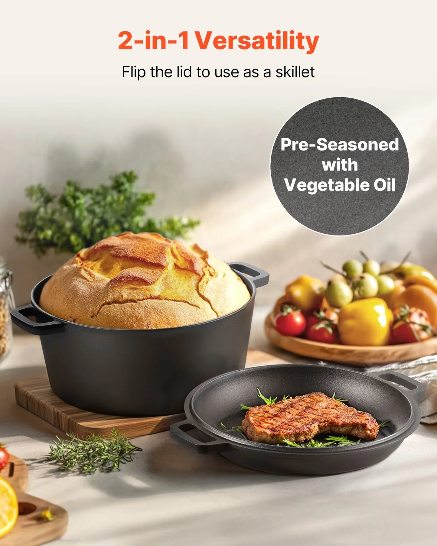 Cast Iron Dutch Oven 2-in-1 Pre-Seasoned Double Pot With Lid Handles 5 Qt Black