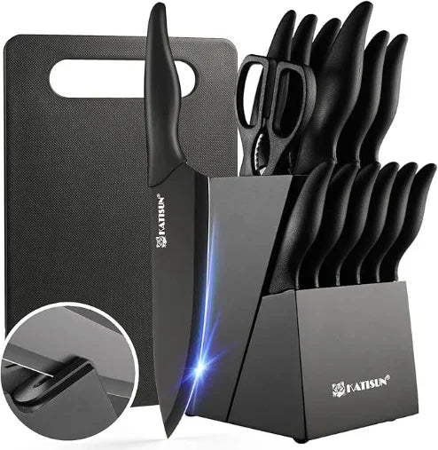 Black kitchen knife set with block, cutting board, and scissors – premium cookware essentials