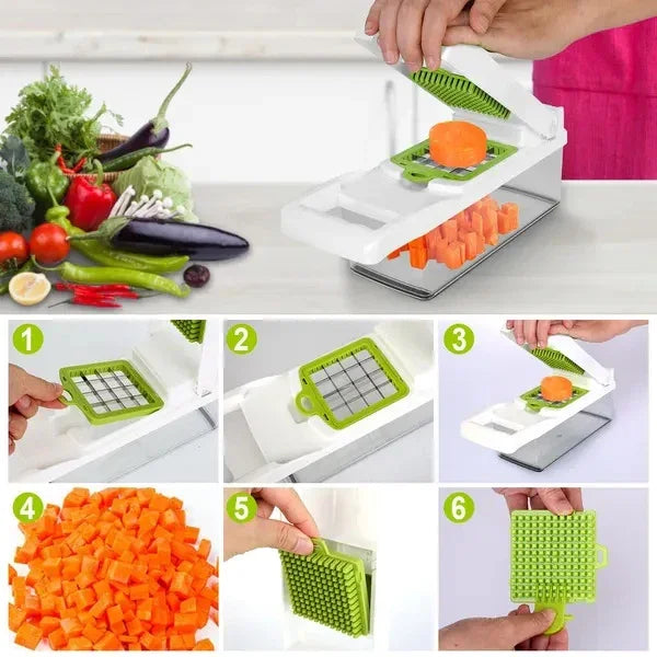 Green vegetable chopper dicing carrots with kitchen tools and fresh produce nearby
