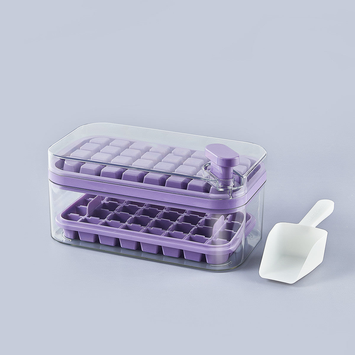 Purple ice cube tray with lid and scoop, kitchen storage organizer for home use