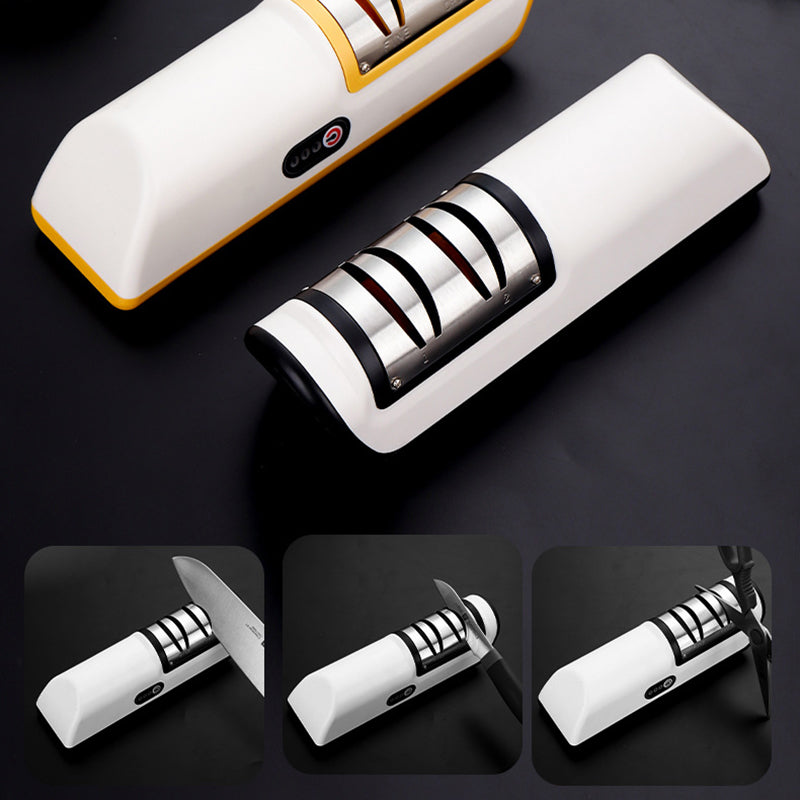 Electric knife sharpener with 3-stage sharpening slots for kitchen knives and scissors, sleek white design