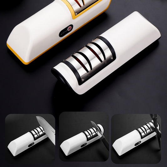 Electric knife sharpener with 3-stage sharpening slots for kitchen knives and scissors, sleek white design