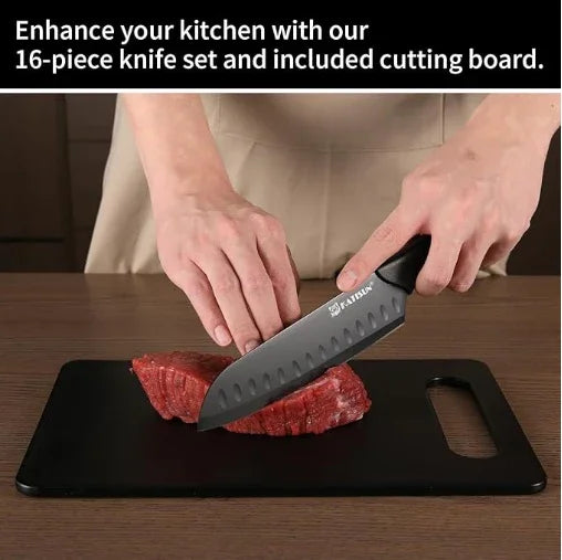 Person slicing raw meat with black Santoku knife on cutting board, 16-piece kitchen knife set