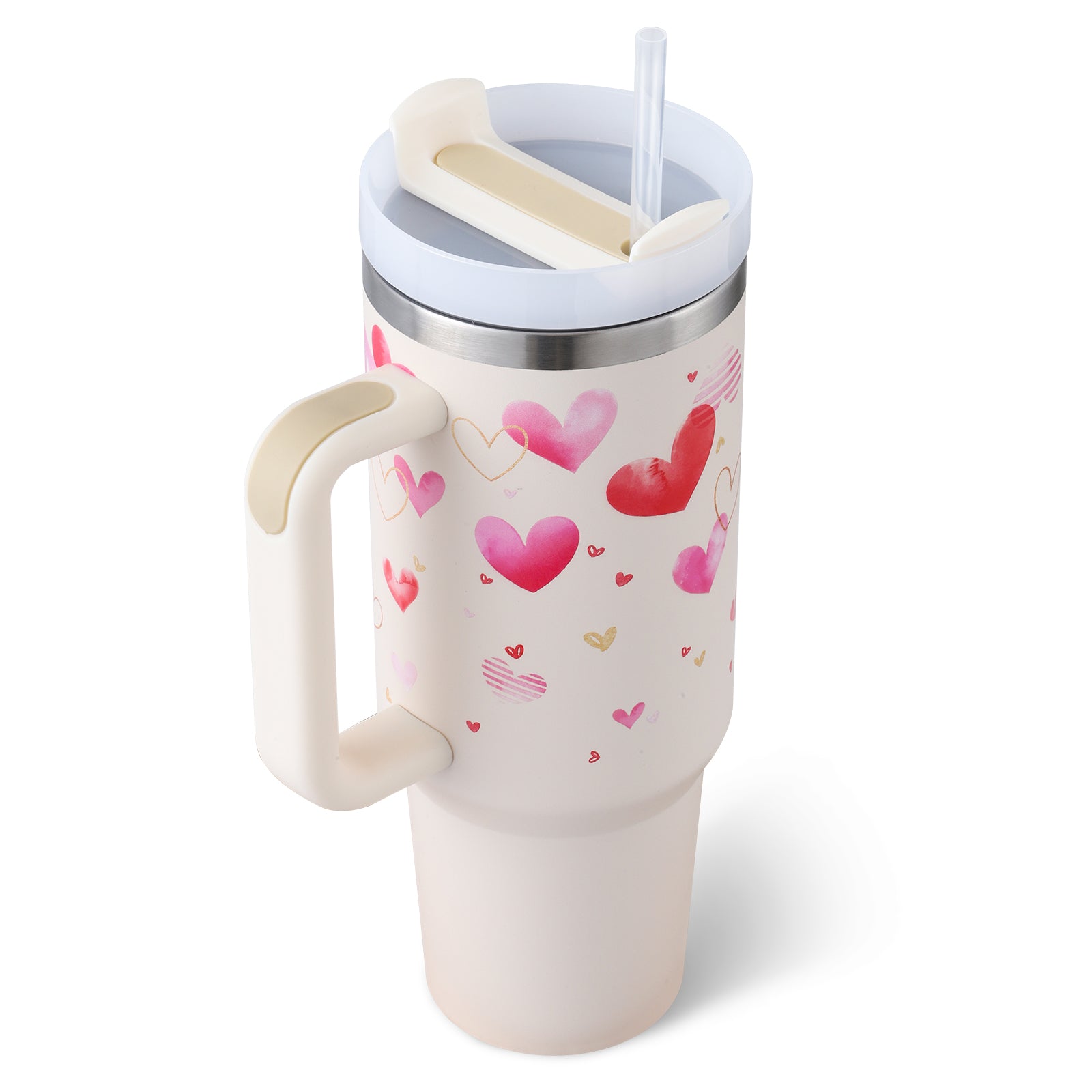 Pink heart-patterned travel mug with handle and straw, ideal for home or on-the-go use