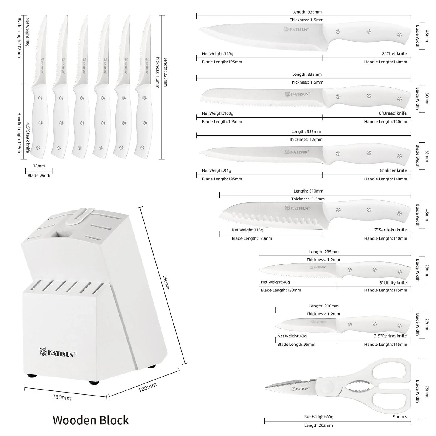15 Pieces Of White Carbon Steel Blade Kitchen Knife Set, Equipped With A Genuine Wooden Frame, Internal Sharpener, And Kitchen Scissors