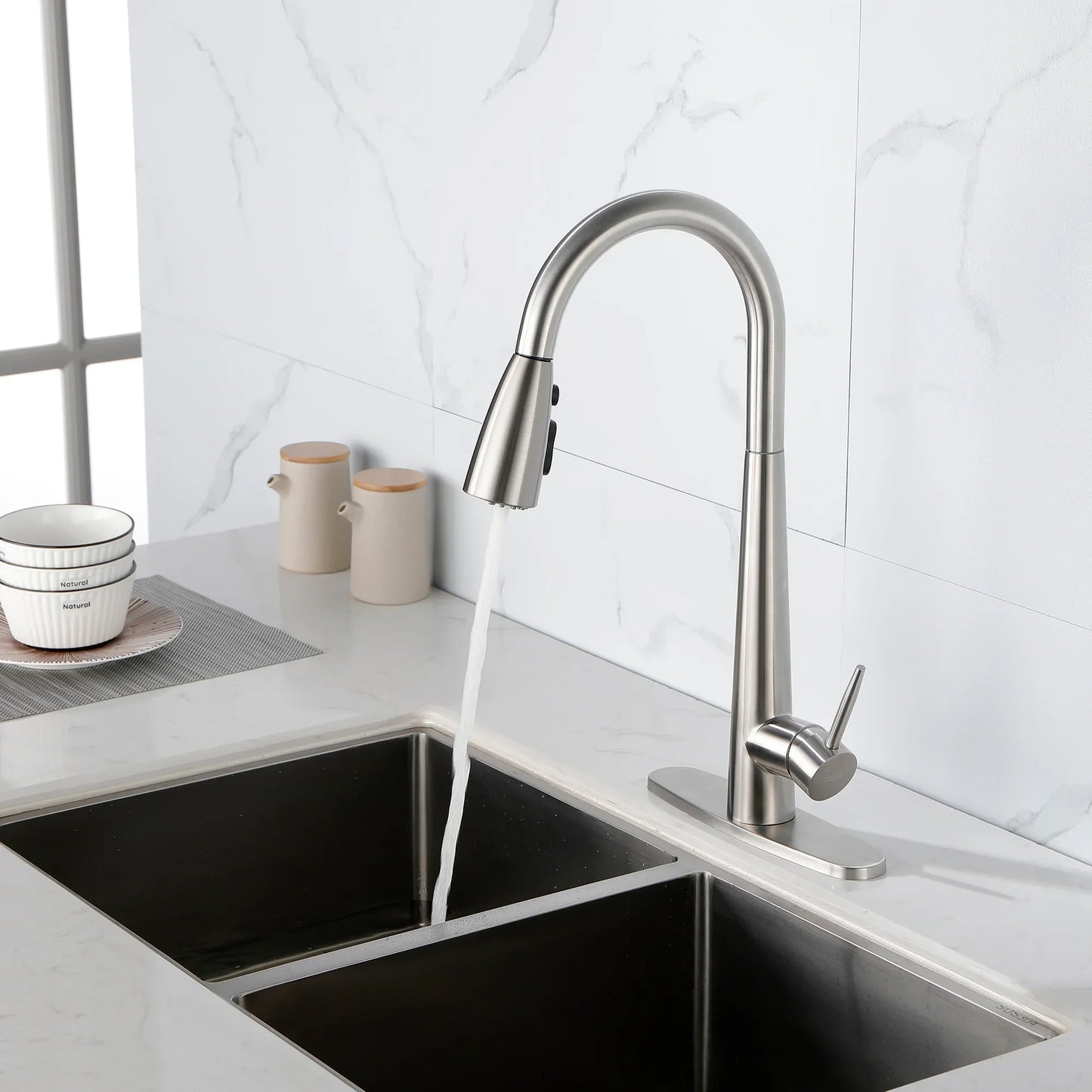 High Curvature Single Handle Kitchen Sink Faucet With Deck, Commercial Modern Stainless Steel Kitchen Faucet