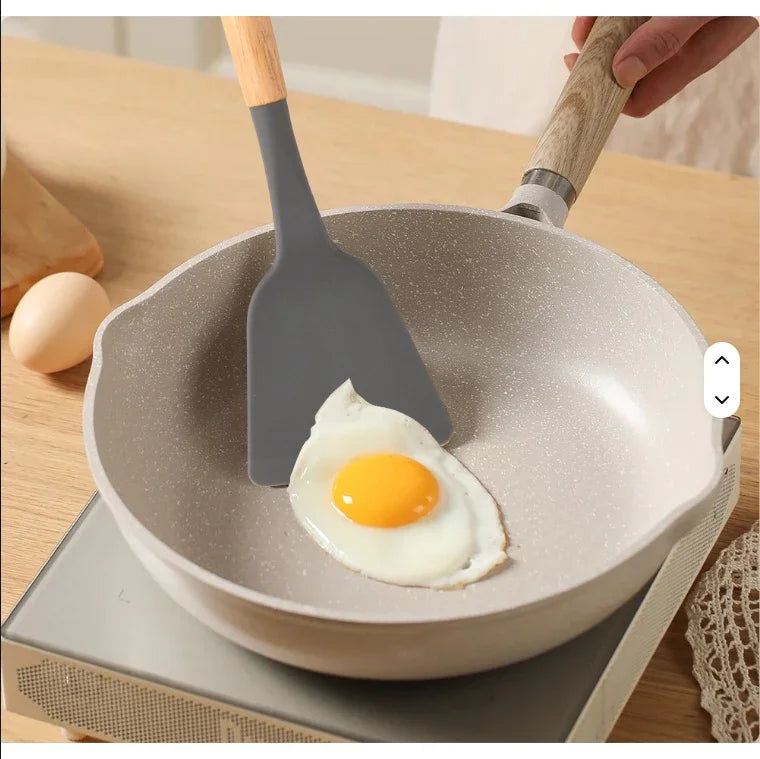 Non-Stick Silicon 12 Pcs Heat Resistant Wooden Handle Kitchen Cooking Utensils Set, Gray Color