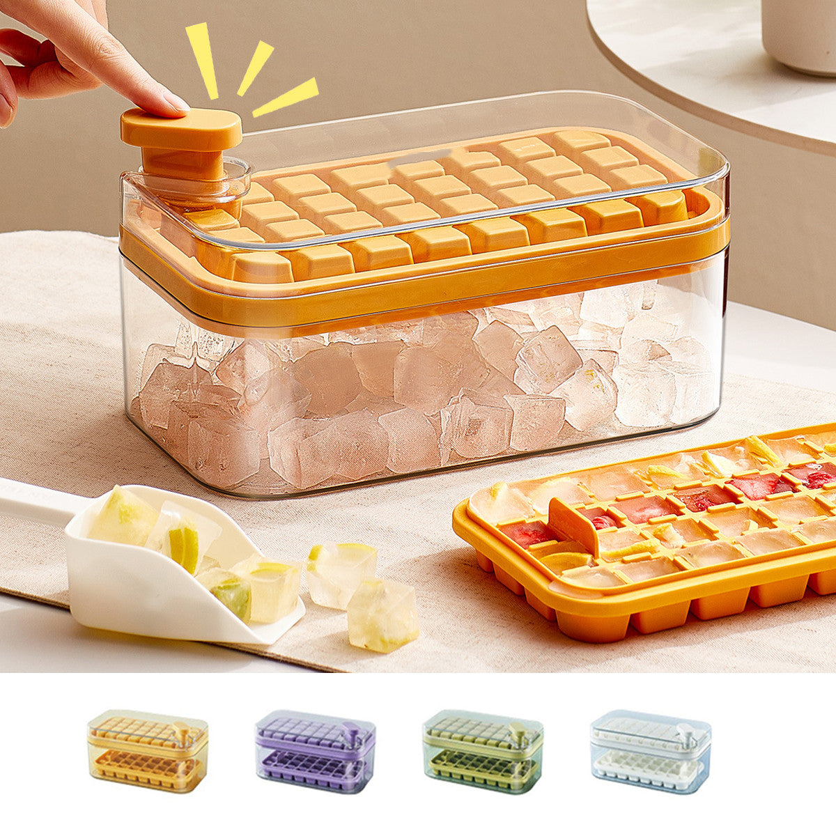 Orange ice cube maker with push-button release, clear storage bin, and fruit-infused cubes for kitchen use