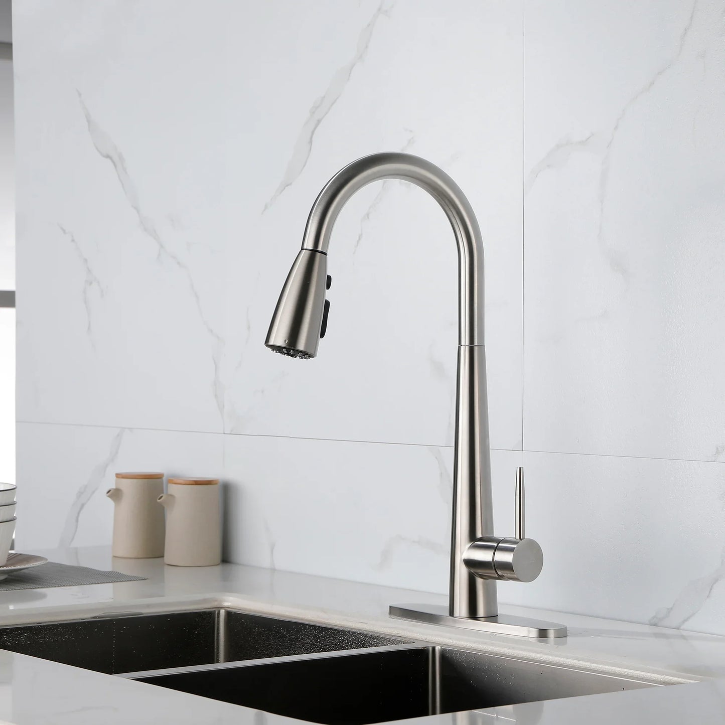High Curvature Single Handle Kitchen Sink Faucet With Deck, Commercial Modern Stainless Steel Kitchen Faucet